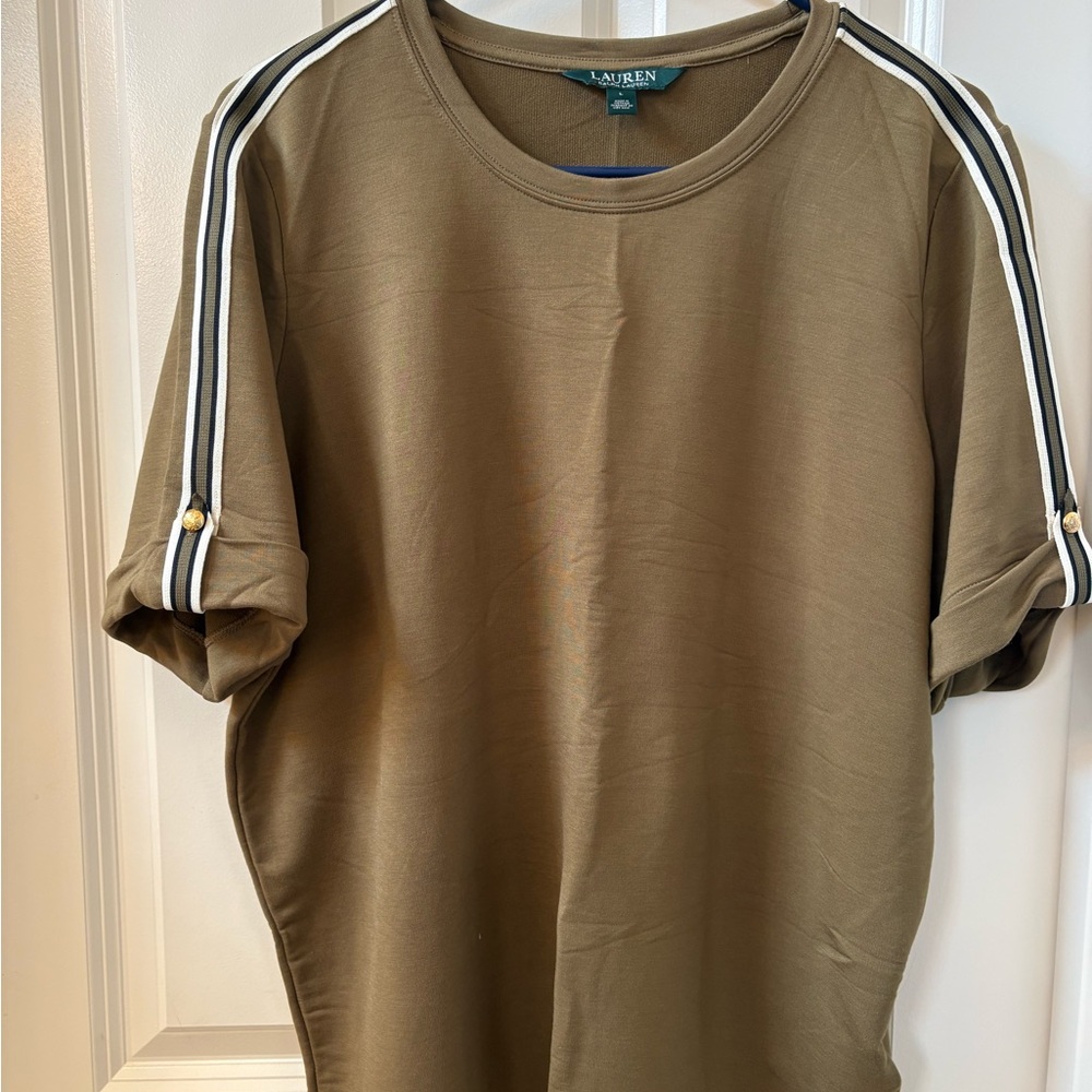 Ralph Lauren Women’s Khaki 2 piece top and Pants with Stripe Accents